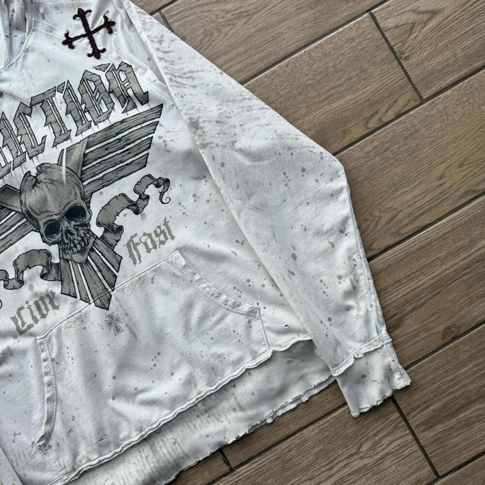 Y2K Affliction Distressed Skull Cross White Hoodie - Picture 7 of 8